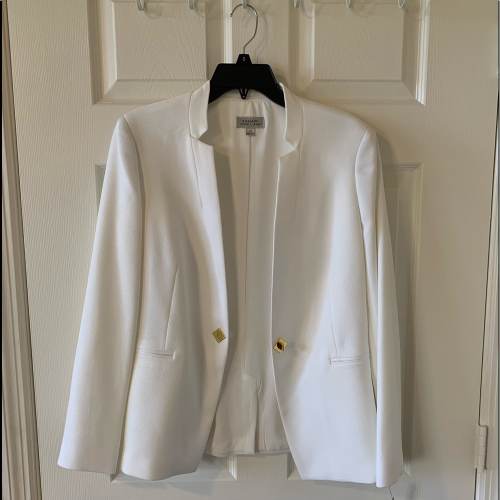 New Tahari Star Neck Twill Jacket Single Clasp White Womens 10